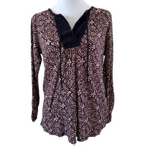 Lucky Brand Women’s 3/4 Sleeves Floral V-Neck Top Red & Blue Multi Color Size S